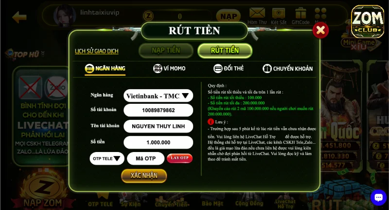Rút tiền Zomclub thông qua tài hình thức chuyển khoản